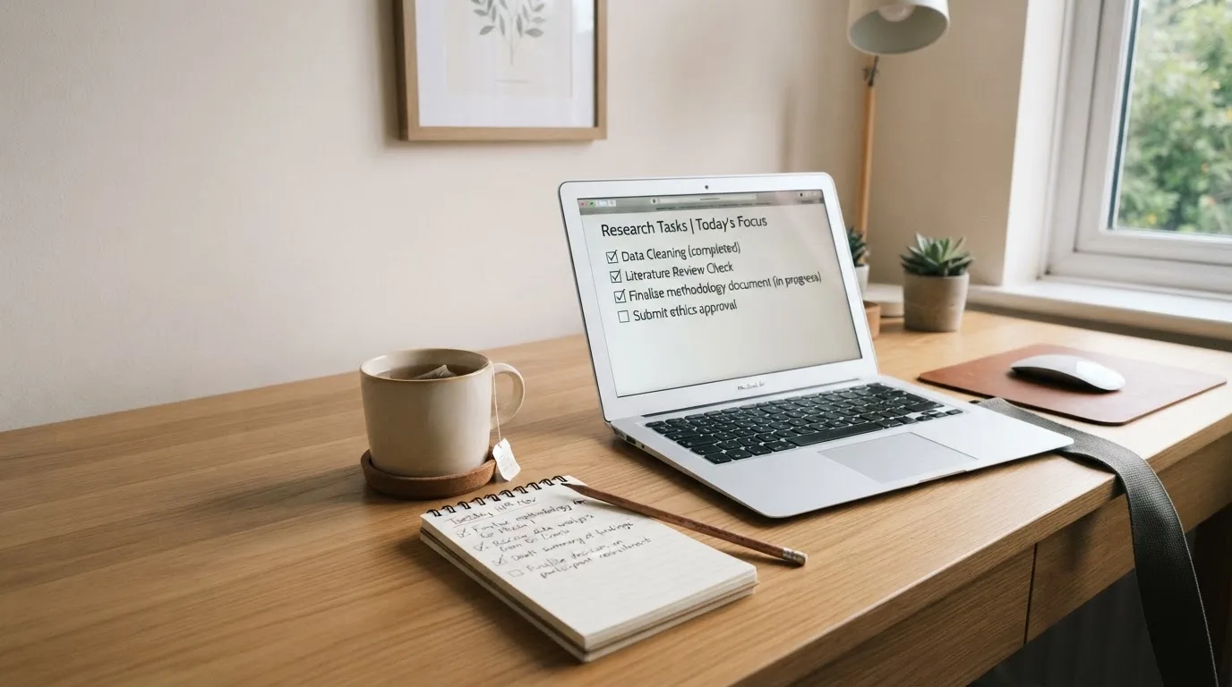A tidy desk with a notebook, a mug of tea and a laptop open to a checklist, morning light through a window.