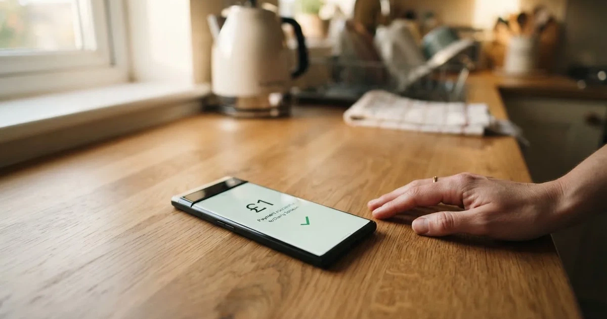 A hand places a £1 coin next to a smartphone showing a bank transfer confirmation screen on a kitchen table.