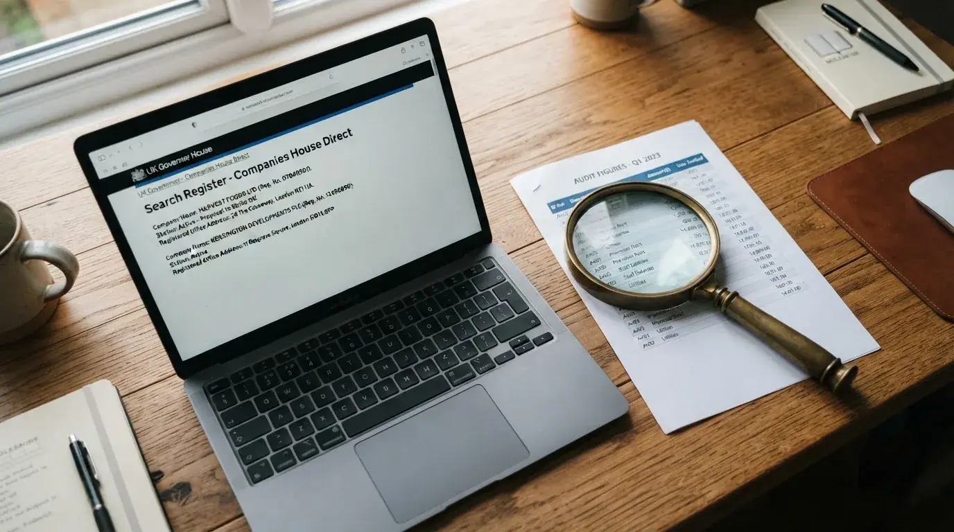 A magnifying glass rests over a printed regulatory certificate on a wooden desk.