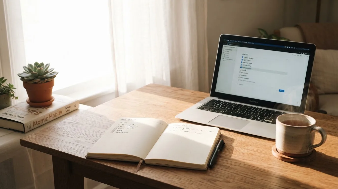 A tidy desk with a notebook, a mug of tea and a laptop open to a checklist, morning light through a window.