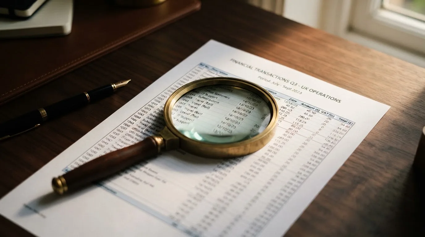 A magnifying glass rests over a printed regulatory certificate on a wooden desk.