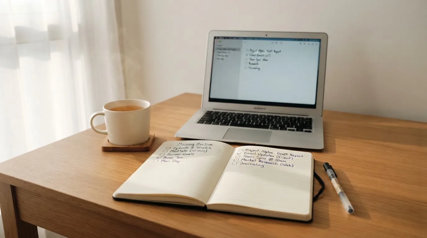 A tidy desk with a notebook, a mug of tea and a laptop open to a checklist, morning light through a window.