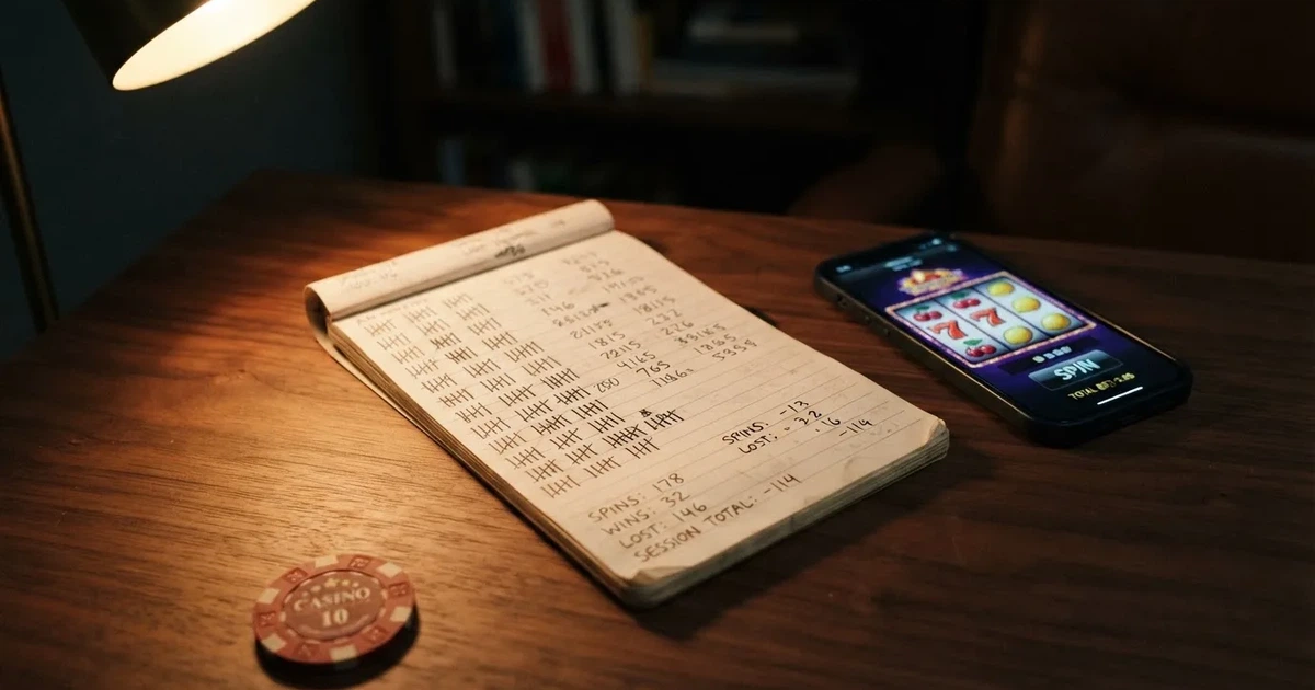 A notepad with a tally of spin counts rests beside a smartphone displaying a slot-reel icon on a desk.