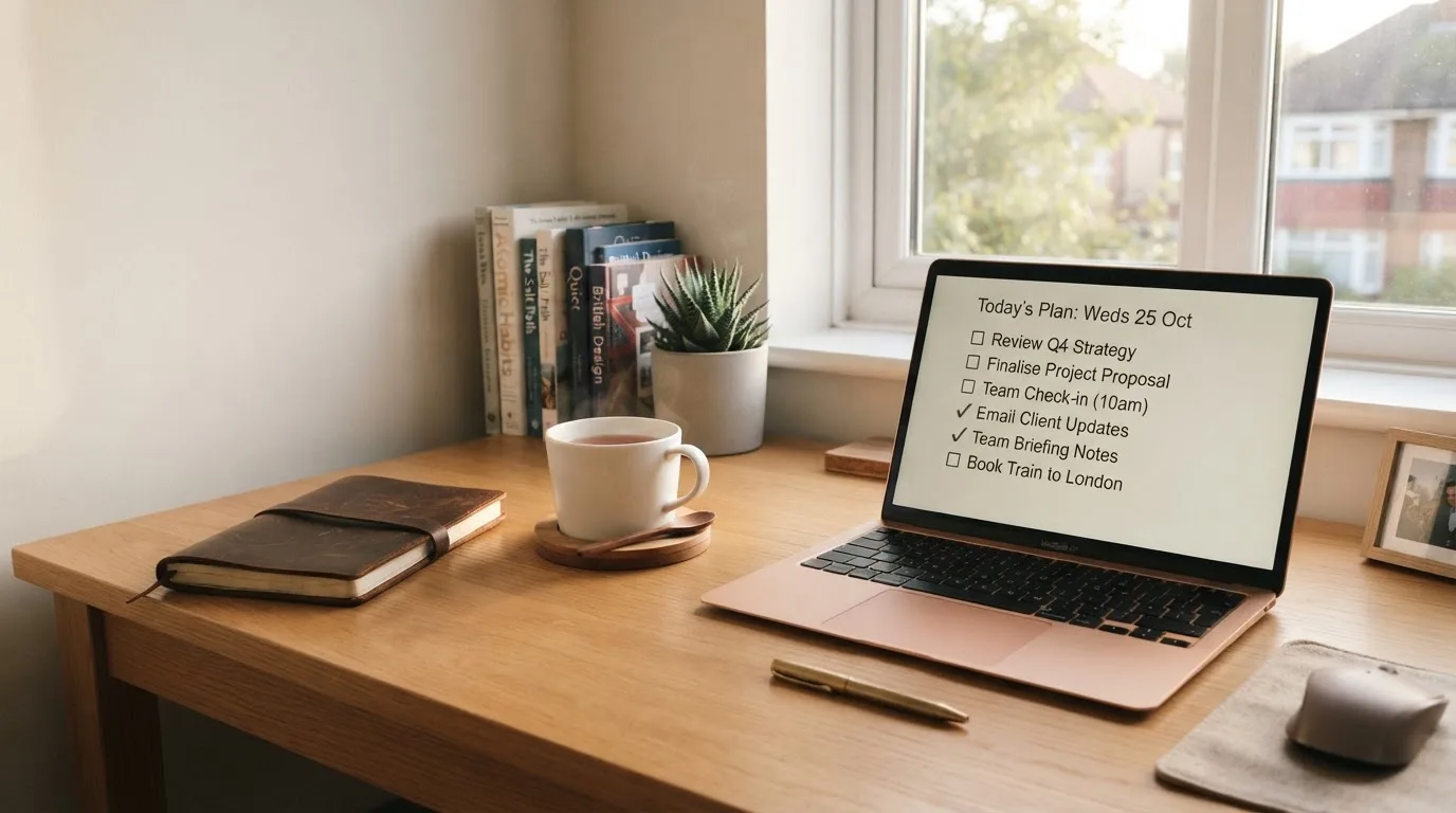 A tidy desk with a notebook, a mug of tea and a laptop open to a checklist, morning light through a window.