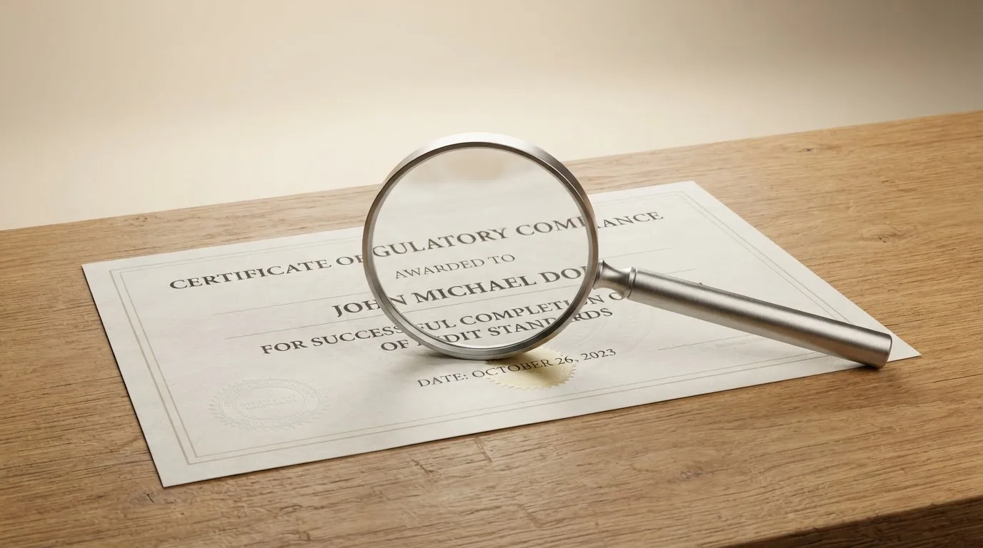 A magnifying glass rests over a printed regulatory certificate on a wooden desk.