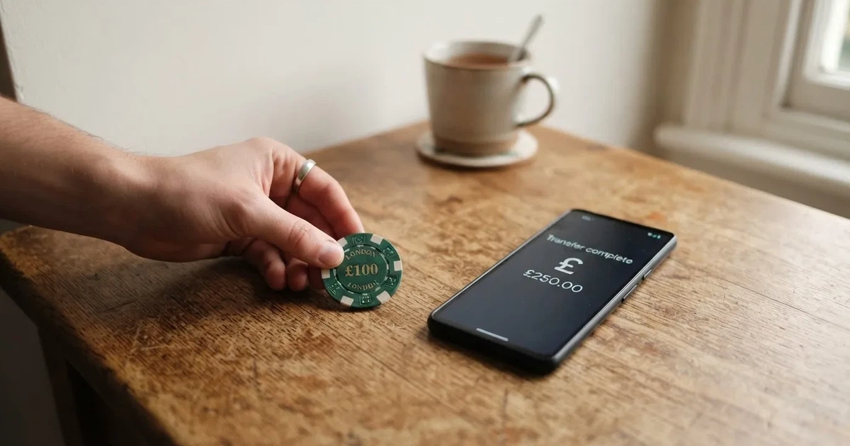 A hand places a £2 coin next to a smartphone showing a bank transfer confirmation screen on a kitchen table.