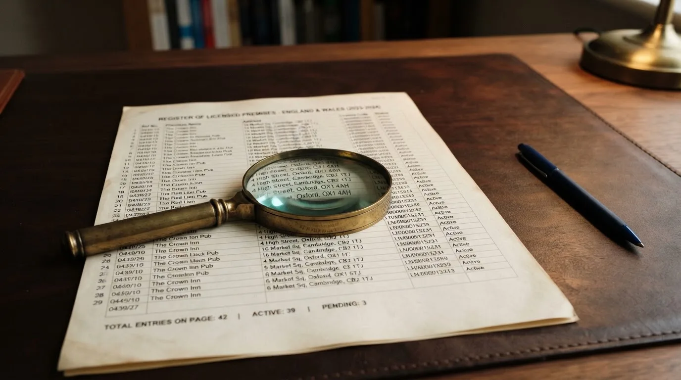 A magnifying glass rests over a printed regulatory certificate on a wooden desk.