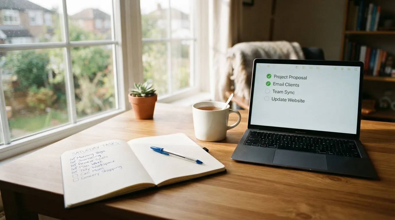 A tidy desk with a notebook, a mug of tea and a laptop open to a checklist, morning light through a window.