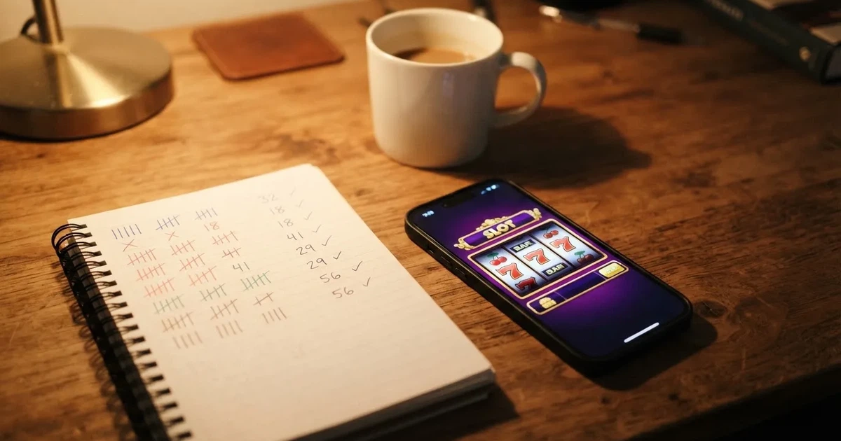 A notepad with a tally of spin counts rests beside a smartphone displaying a slot-reel icon on a desk.