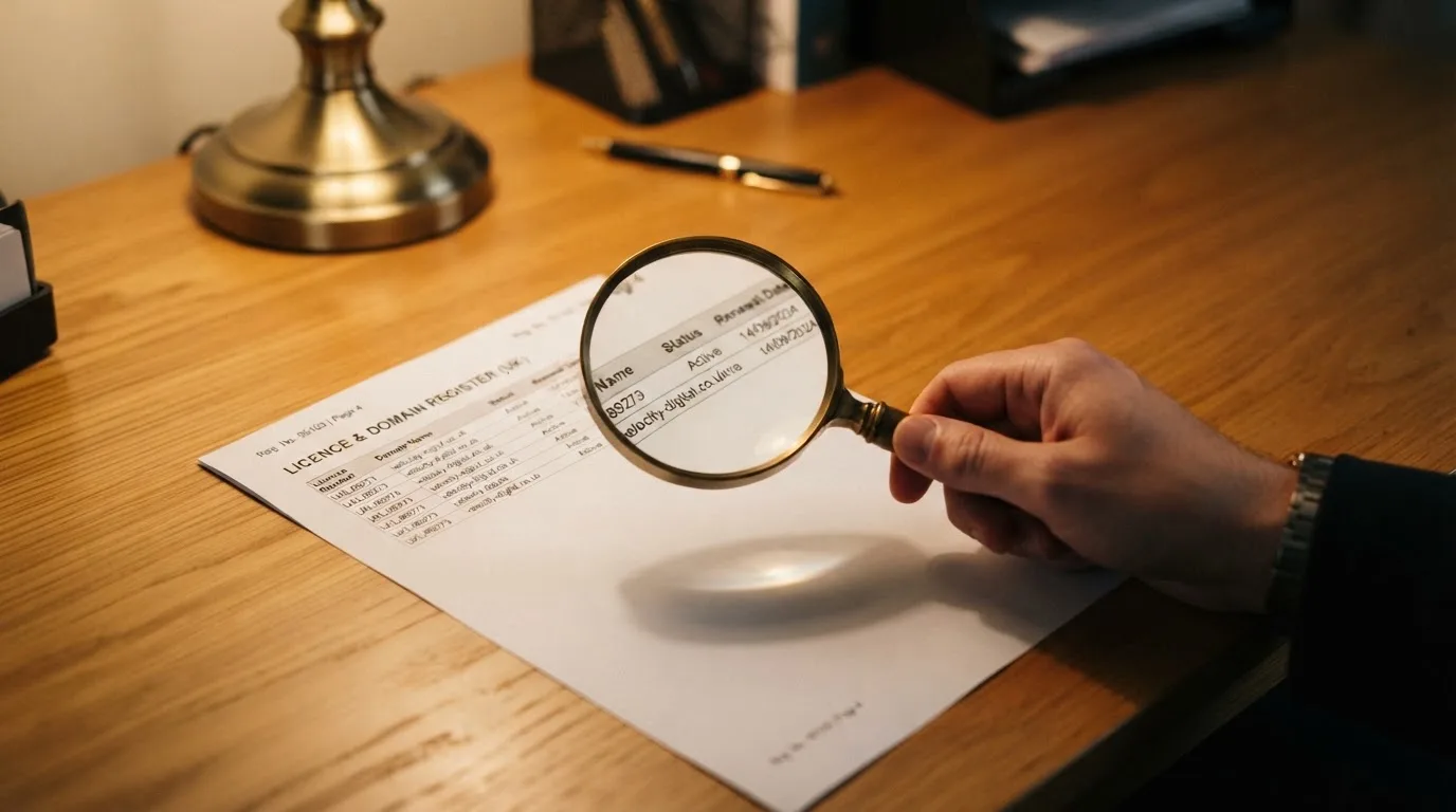 A magnifying glass rests over a printed regulatory certificate on a wooden desk.