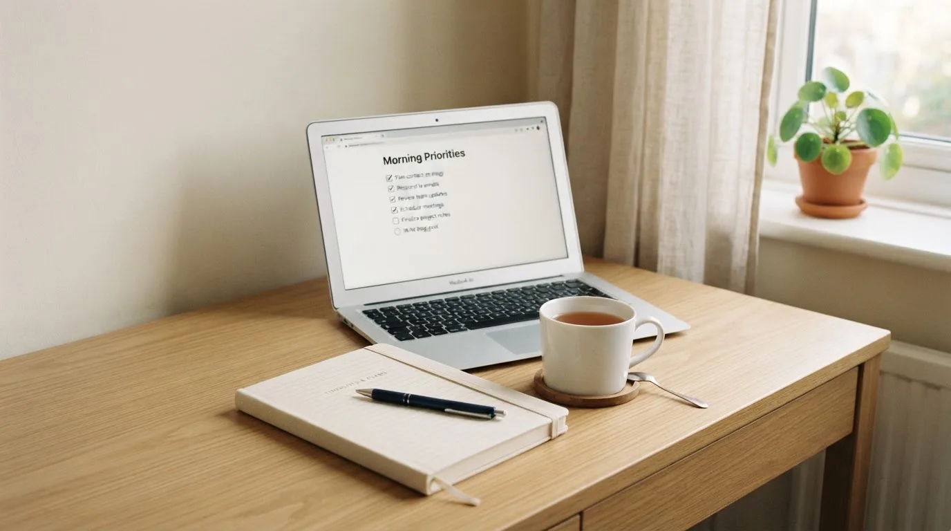 A tidy desk with a notebook, a mug of tea and a laptop open to a checklist, morning light through a window.