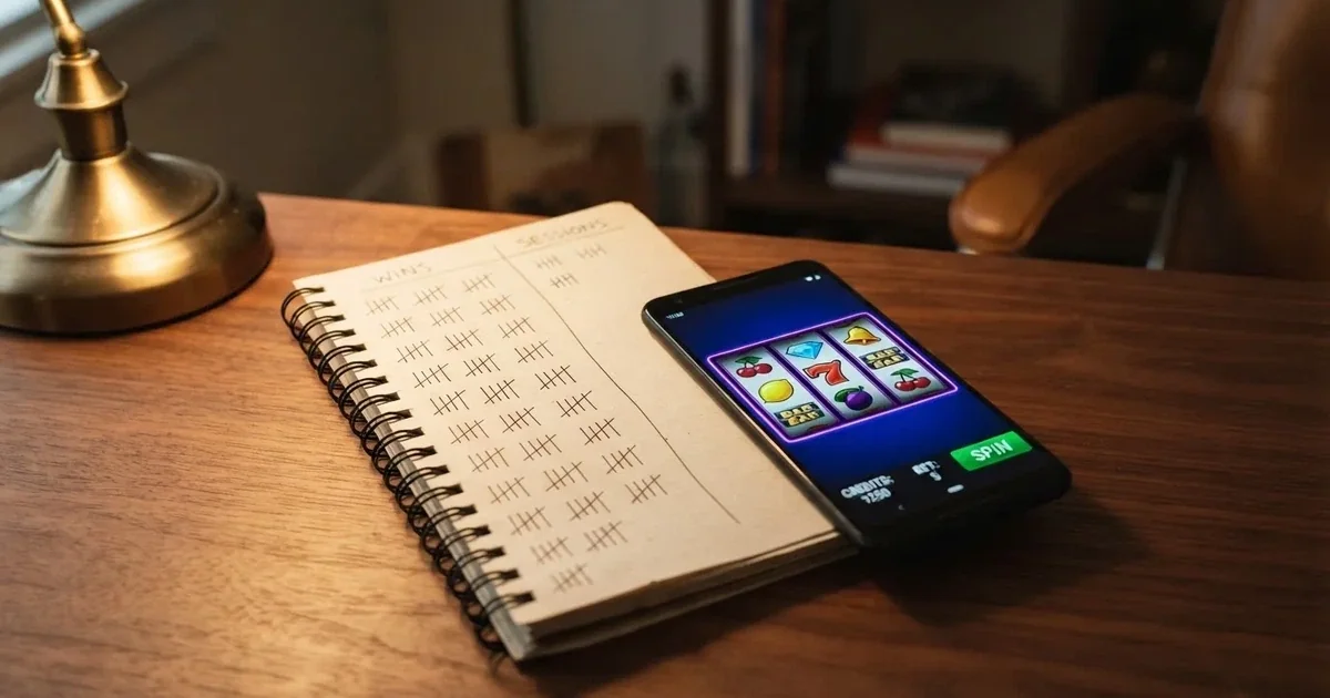 A notepad with a tally of spin counts rests beside a smartphone displaying a slot-reel icon on a desk.