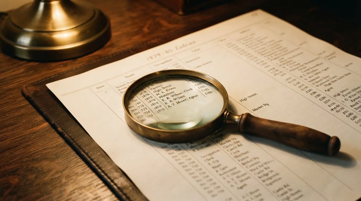A magnifying glass rests over a printed regulatory certificate on a wooden desk.