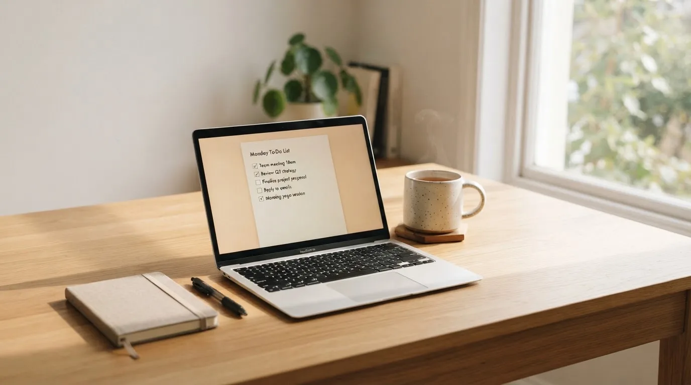 A tidy desk with a notebook, a mug of tea and a laptop open to a checklist, morning light through a window.