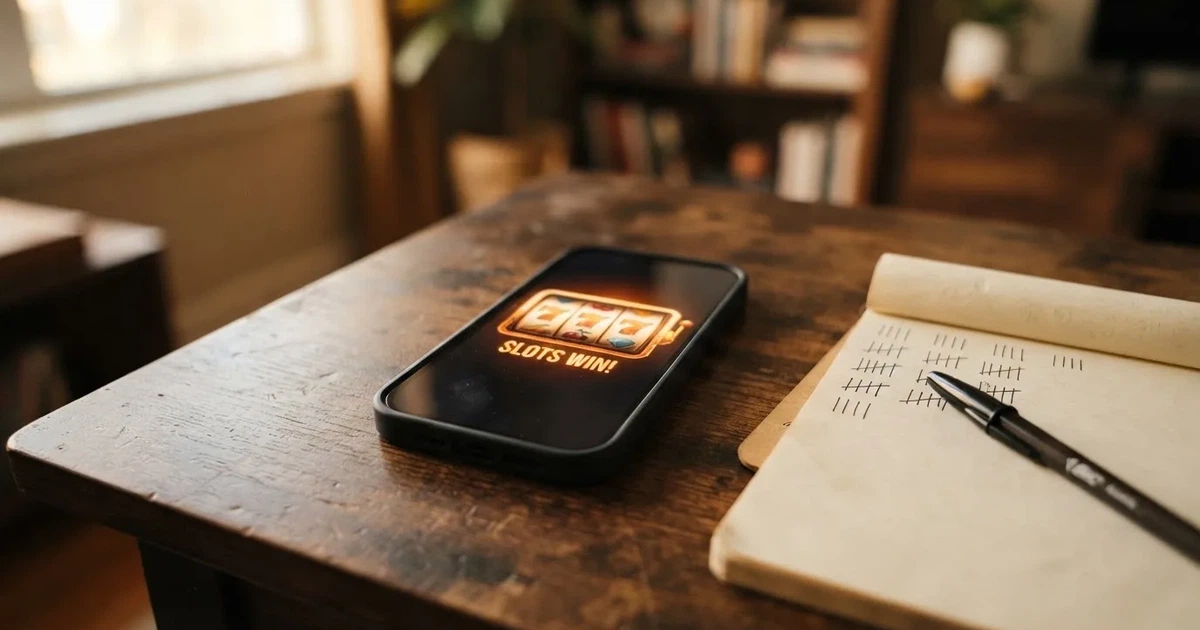 A notepad with a tally of spin counts rests beside a smartphone displaying a slot-reel icon on a desk.
