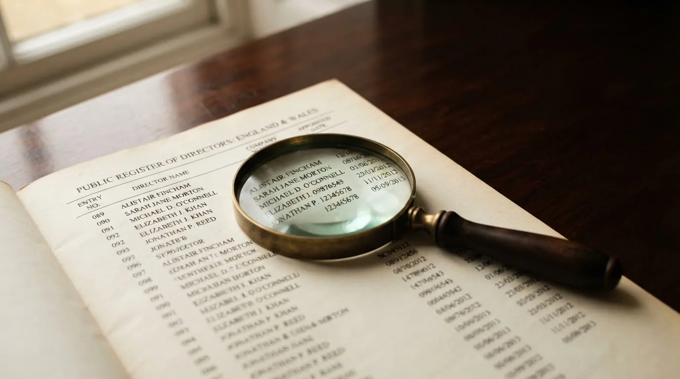 A magnifying glass rests over a printed regulatory certificate on a wooden desk.