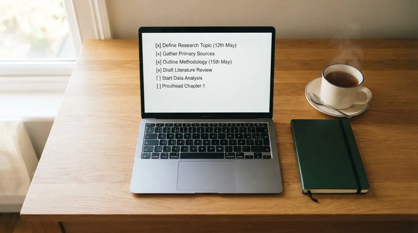 A tidy desk with a notebook, a mug of tea and a laptop open to a checklist, morning light through a window.