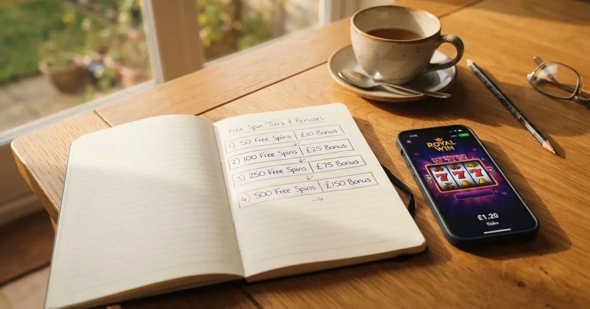 A notepad listing four spin-count tiers rests beside a smartphone displaying a slot-reel icon on a desk.