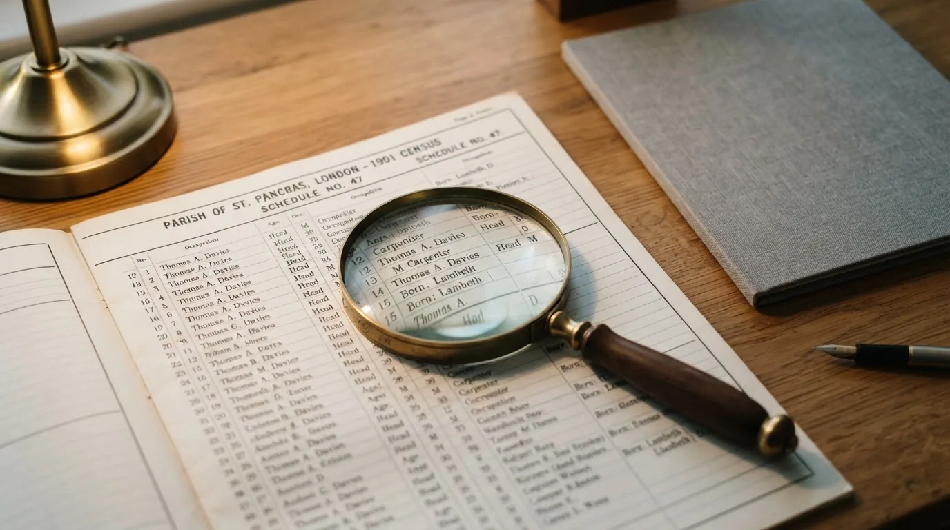 A magnifying glass rests over a printed regulatory certificate on a wooden desk.