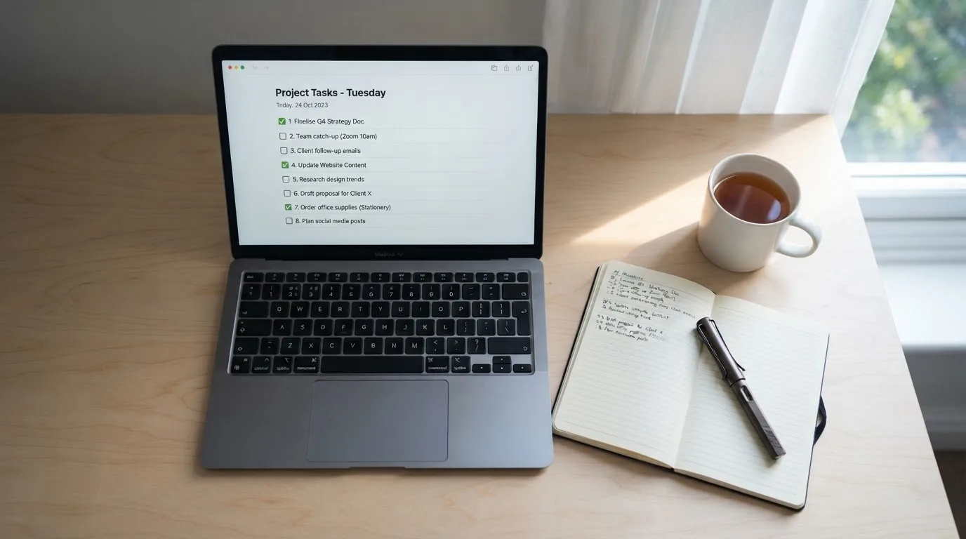 A tidy desk with a notebook, a mug of tea and a laptop open to a checklist, morning light through a window.