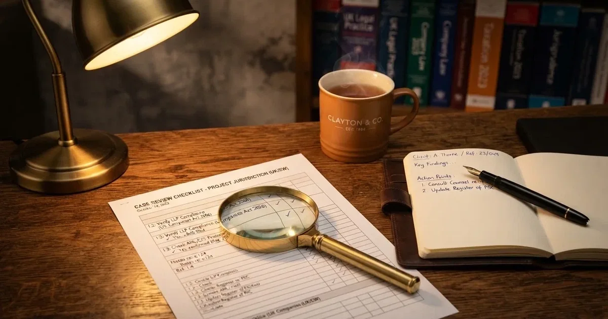 A magnifying glass rests over a printed offshore licence certificate on a wooden desk.
