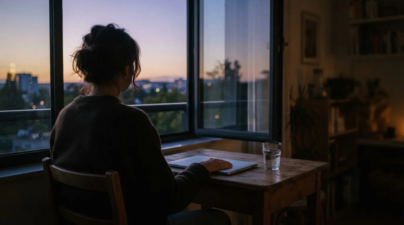 A person closes a laptop and looks out of a window at dusk, a glass of water on the table beside them.