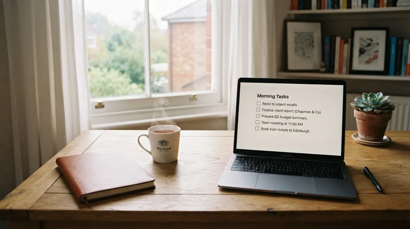 A tidy desk with a notebook, a mug of tea and a laptop open to a checklist, morning light through a window.