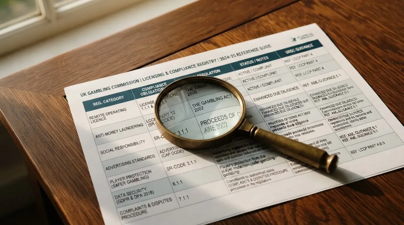 A magnifying glass rests over a printed regulatory certificate on a wooden desk.