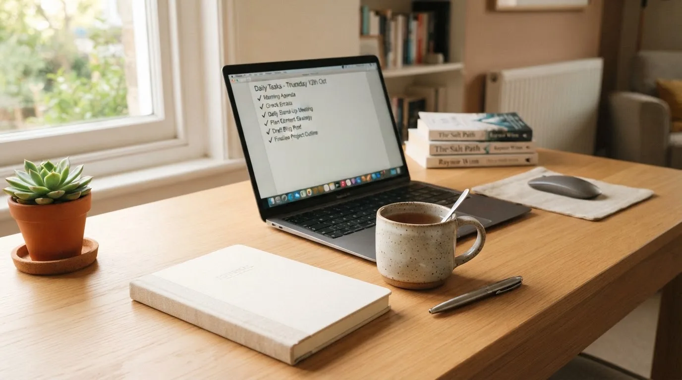 A tidy desk with a notebook, a mug of tea and a laptop open to a checklist, morning light through a window.