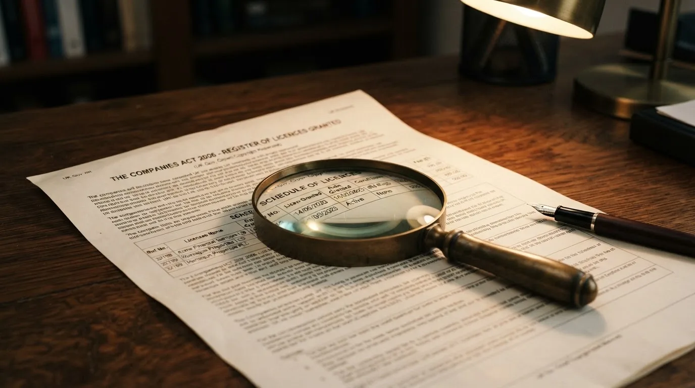 A magnifying glass rests over a printed regulatory certificate on a wooden desk.