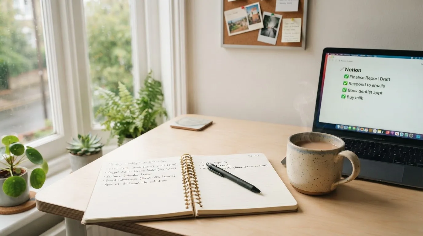 A tidy desk with a notebook, a mug of tea and a laptop open to a checklist, morning light through a window.