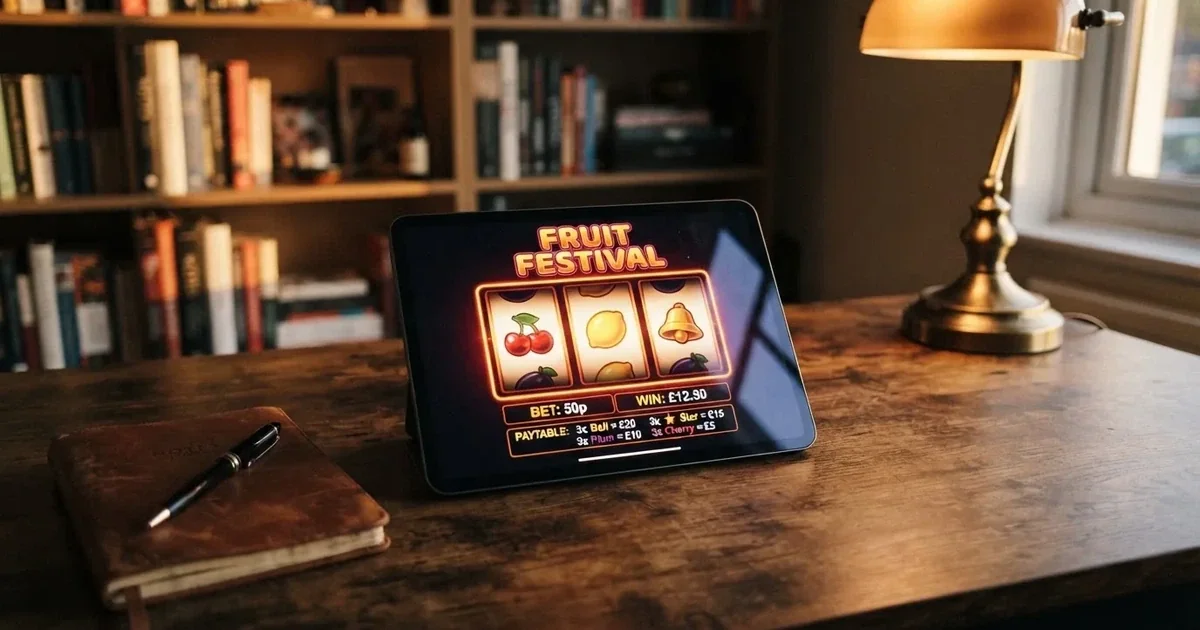 A tablet screen shows a simple three-reel slot layout with a payout chart beside it on a desk.