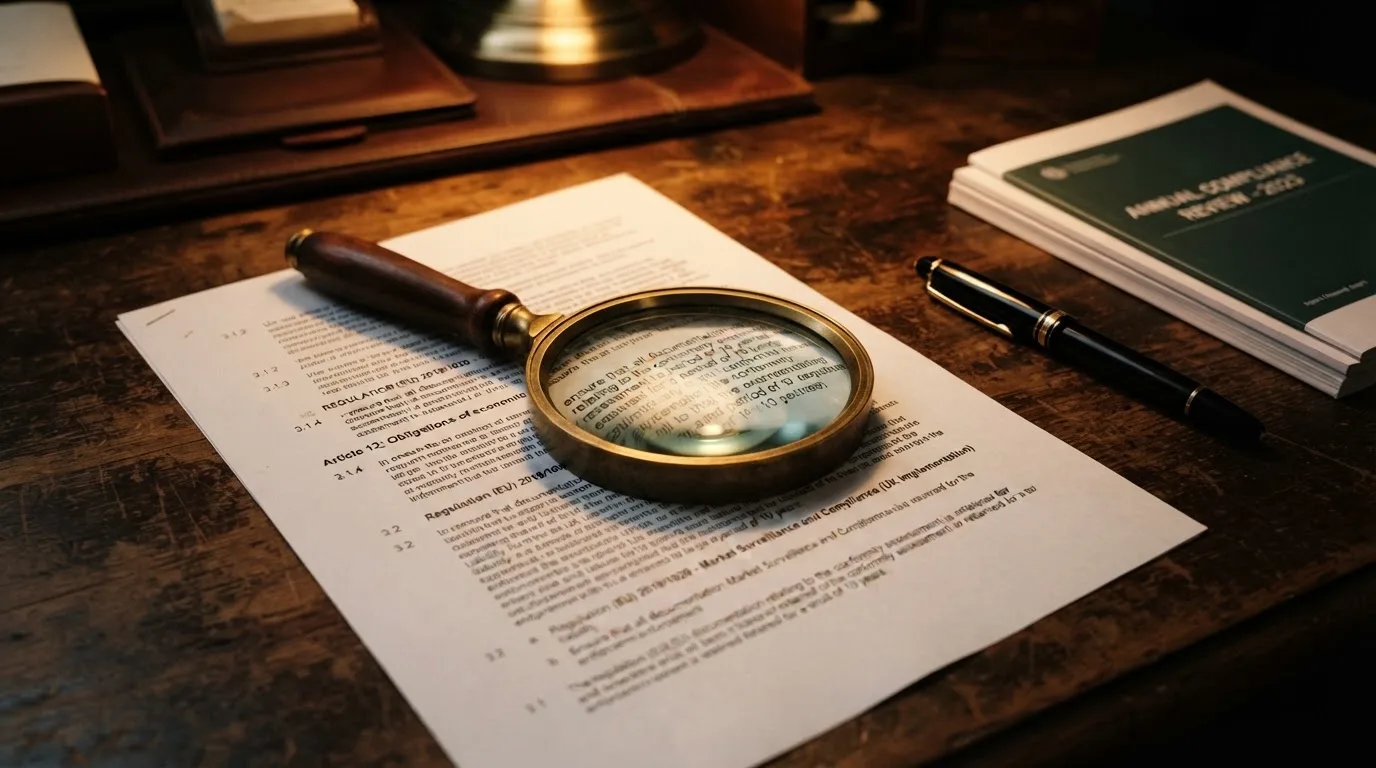 A magnifying glass rests over a printed regulatory certificate on a wooden desk.