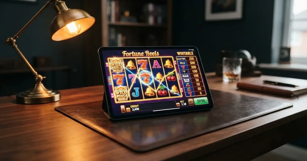 A tablet screen shows a five-reel slot grid with multiple paylines and a payout chart beside it on a desk.