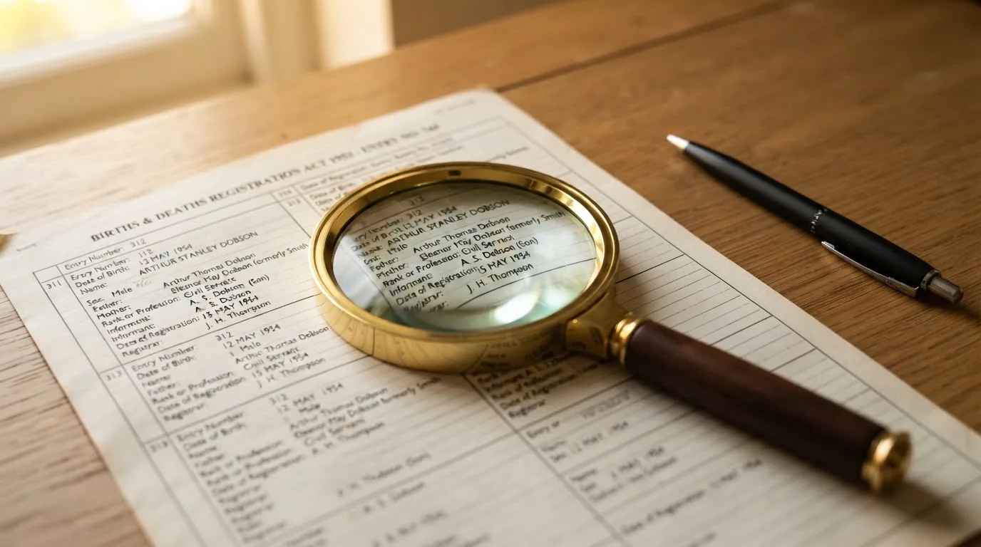 A magnifying glass rests over a printed regulatory certificate on a wooden desk.