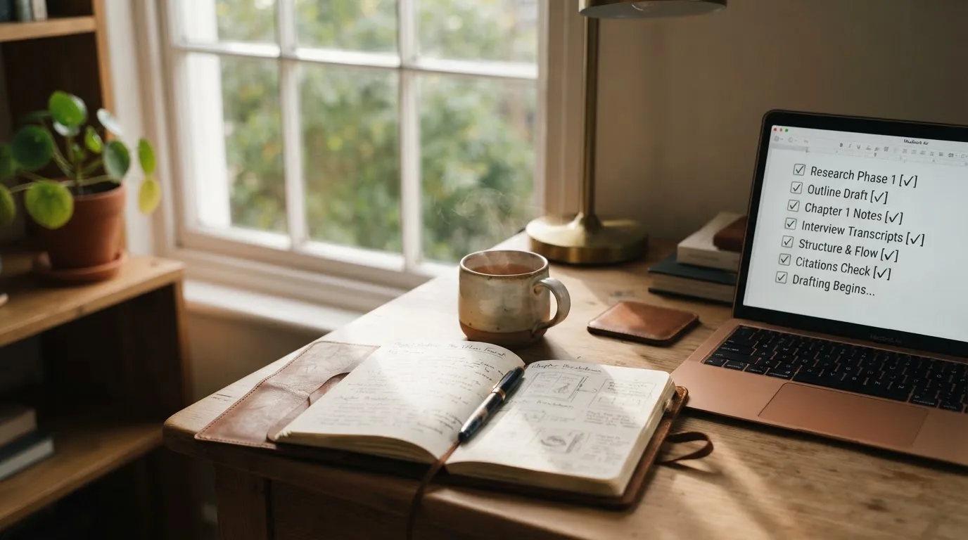 A tidy desk with a notebook, a mug of tea and a laptop open to a checklist, morning light through a window.