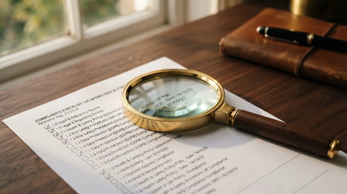 A magnifying glass rests over a printed regulatory certificate on a wooden desk.