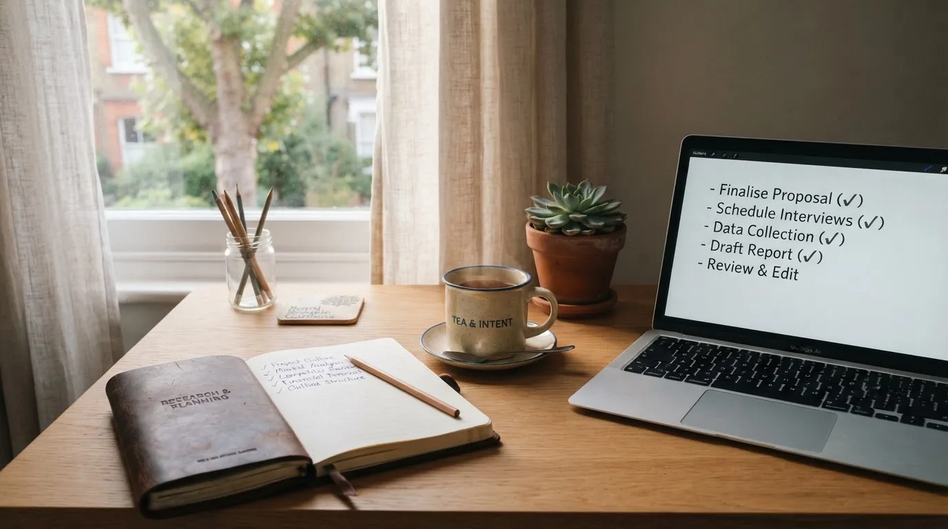 A tidy desk with a notebook, a mug of tea and a laptop open to a checklist, morning light through a window.