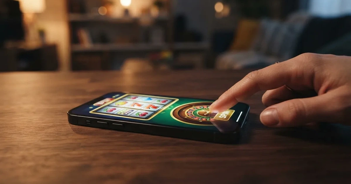 A close-up of a finger tapping a smartphone screen showing rows of casino-style app icons.