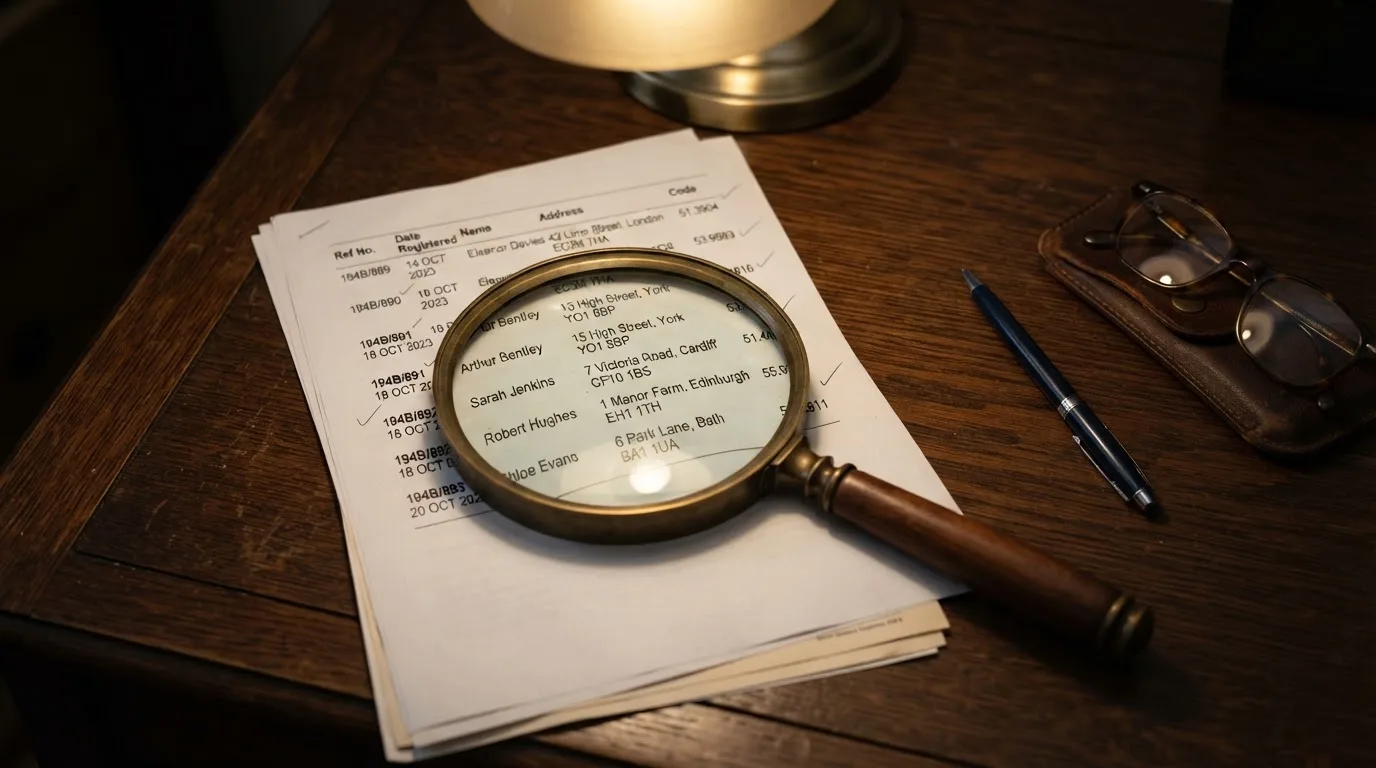 A magnifying glass rests over a printed regulatory certificate on a wooden desk.
