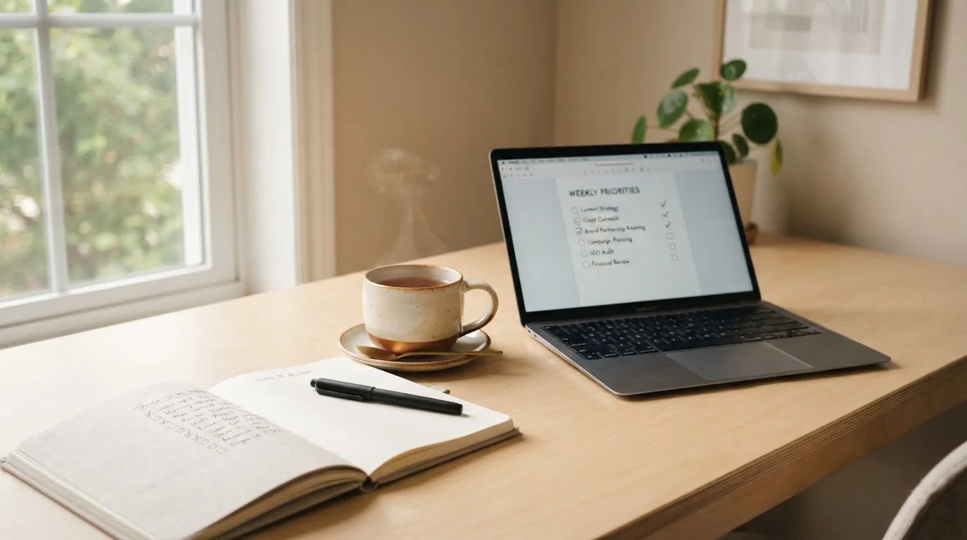 A tidy desk with a notebook, a mug of tea and a laptop open to a checklist, morning light through a window.