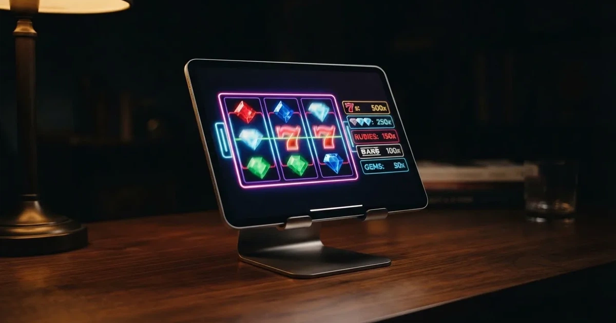 A tablet propped on a stand displays a grid of slot symbols and a payout chart in a dimly lit room.