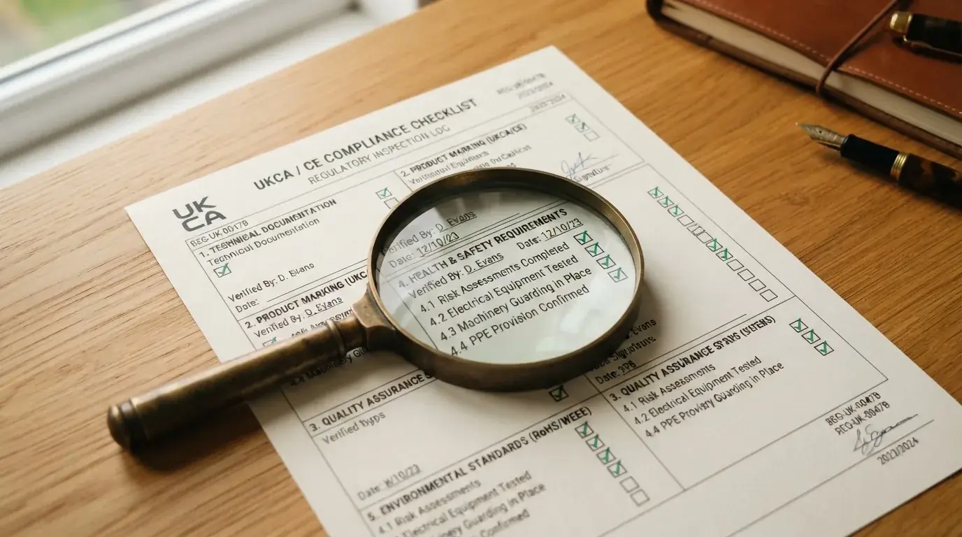 A magnifying glass rests over a printed regulatory certificate on a wooden desk.