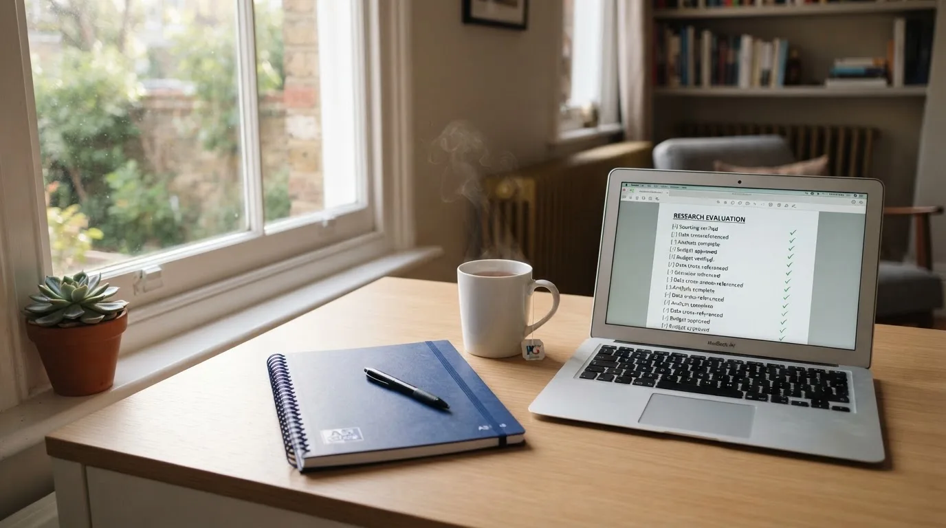 A tidy desk with a notebook, a mug of tea and a laptop open to a checklist, morning light through a window.