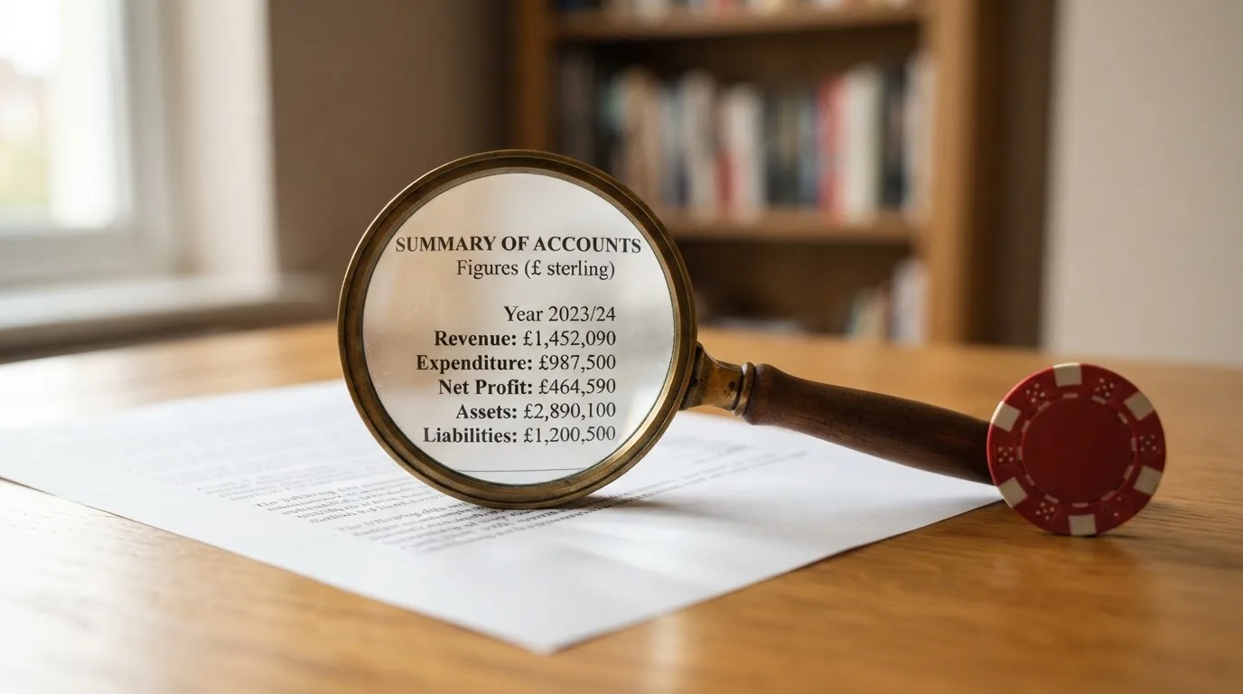 A magnifying glass rests over a printed regulatory certificate on a wooden desk.