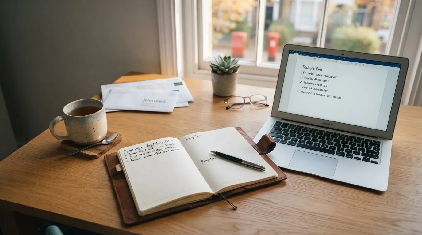 A tidy desk with a notebook, a mug of tea and a laptop open to a checklist, morning light through a window.
