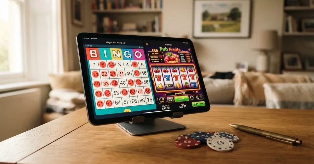 A tablet screen shows a bingo card next to a slot game paytable on a desk.