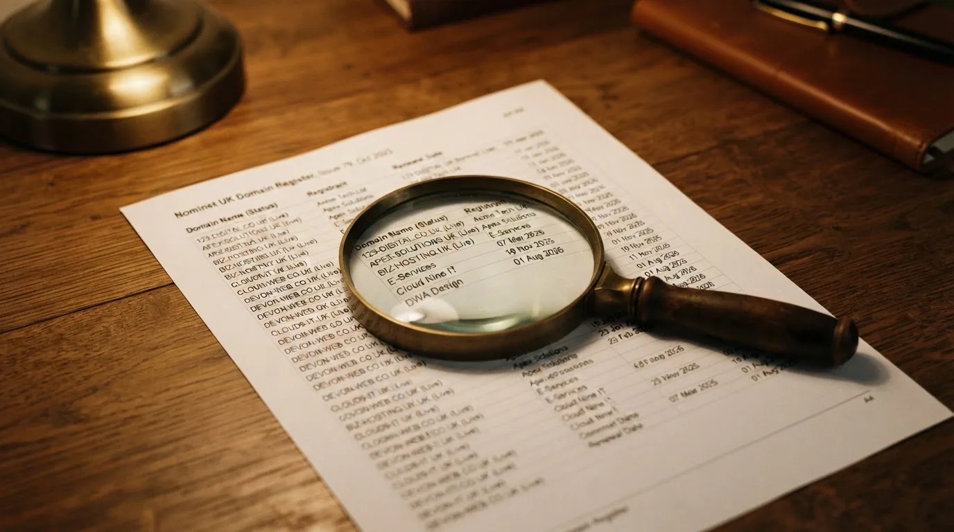 A magnifying glass rests over a printed regulatory certificate on a wooden desk.