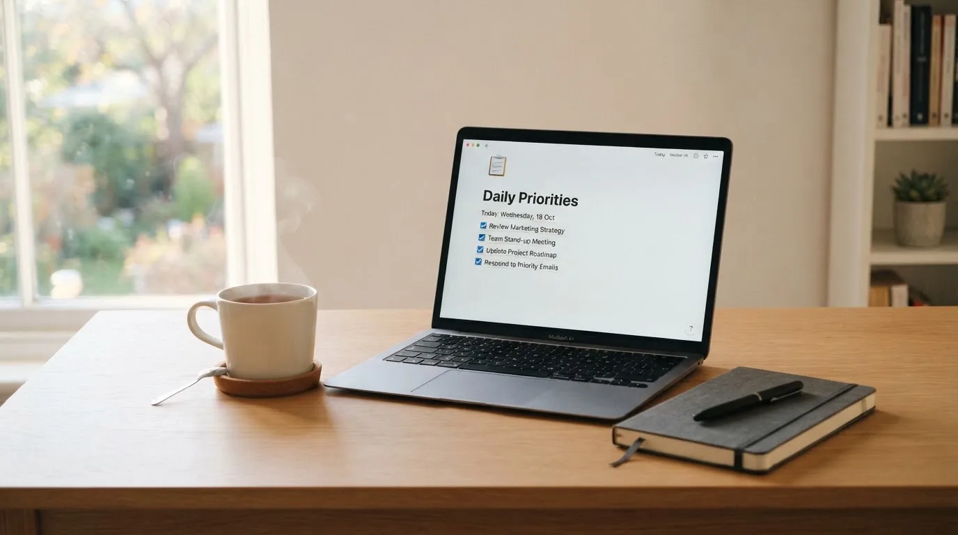 A tidy desk with a notebook, a mug of tea and a laptop open to a checklist, morning light through a window.