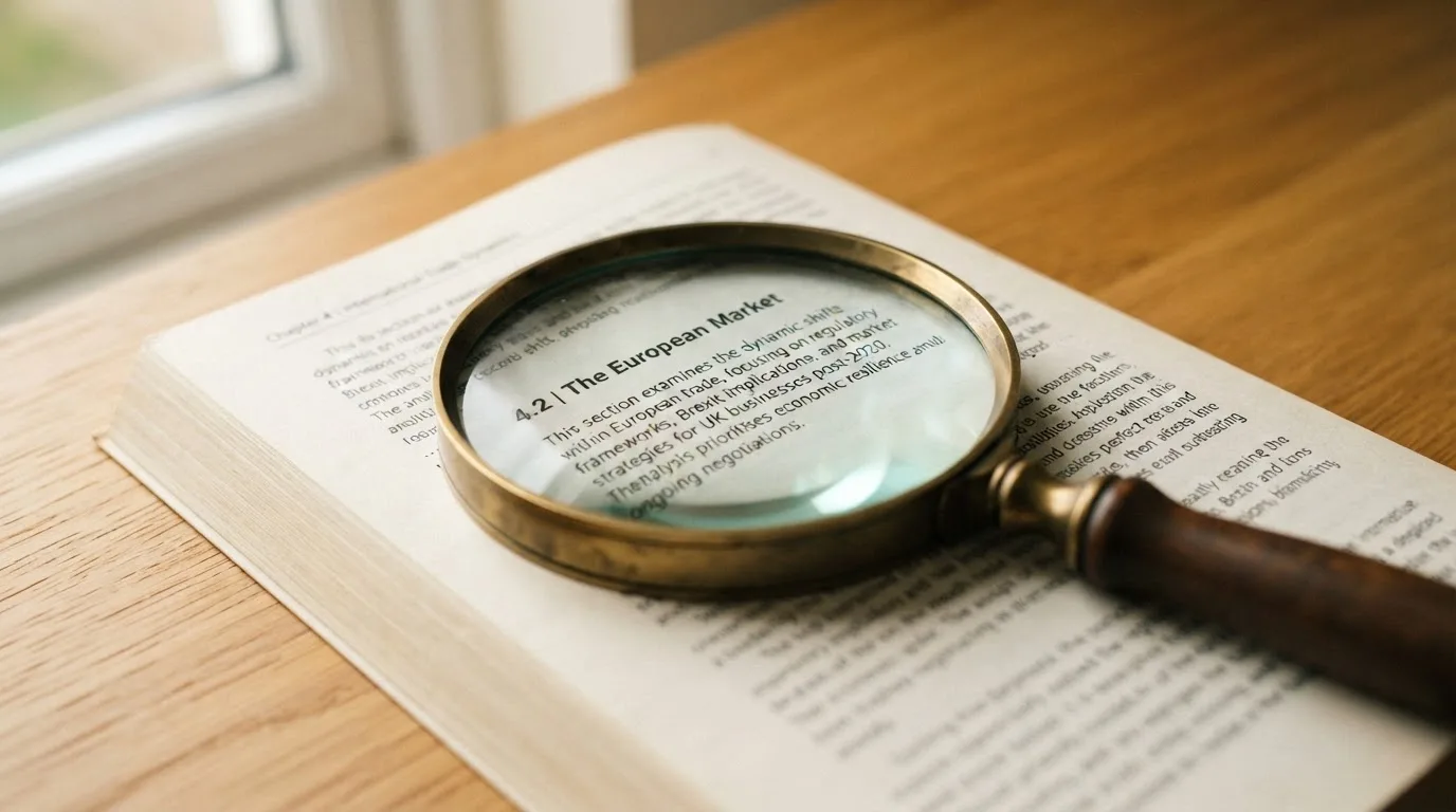A magnifying glass rests over a printed regulatory certificate on a wooden desk.